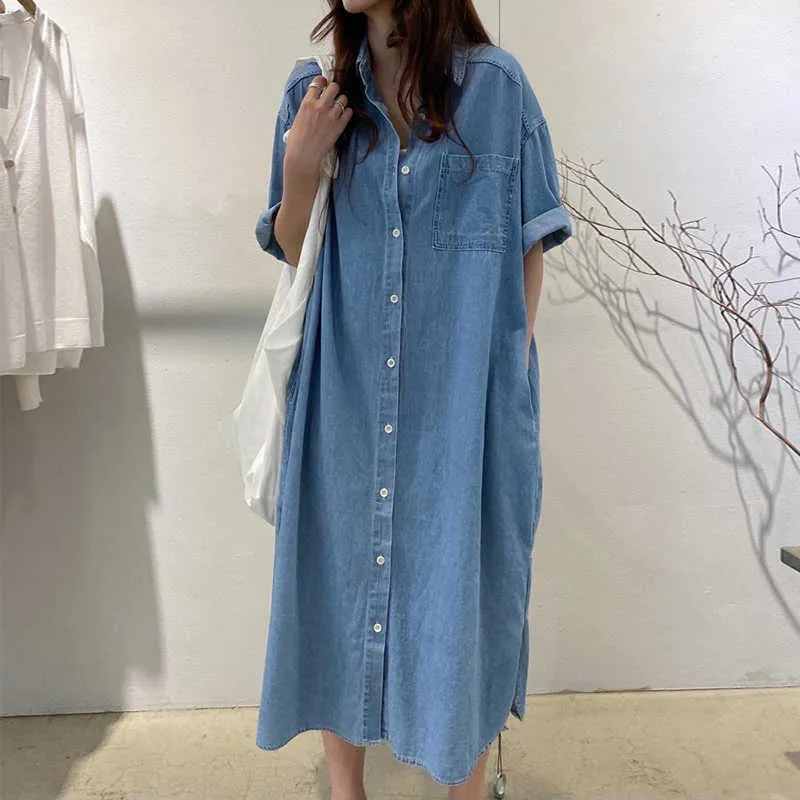 Korejpaa Women Dress Summer Korean Retro Lapel Single-Breasted Casual Loose Multi-Pocket Design Over Knee Denim Vestidos 210526