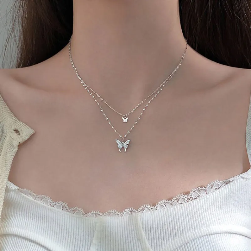 Collana girocollo con pendente a forma di farfalla a doppio strato color argento con catena a O, regalo di nozze gioielli da donna