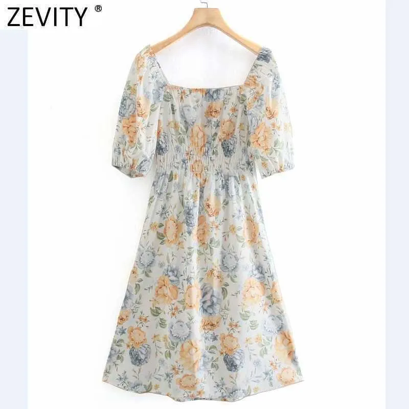 Zevity Womenビンテージスクエアカラープリーツパフスリーブフローラルプリントドレス女性シックな弾性ウエストカジュアルスリムvestido DS8234 210603