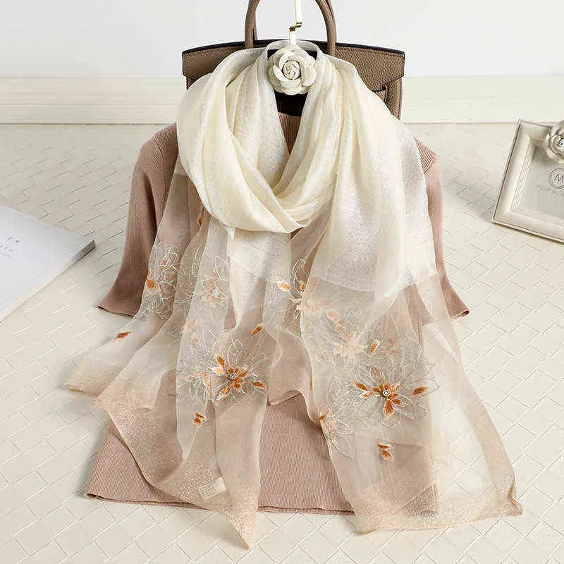 2022 Floral Broderi Silk Wool Scarf Luxury Women Hijab Kvinna Foulard Pashmina Long Beach Stoles Shawl Wrap Scarves Bandana Y220228