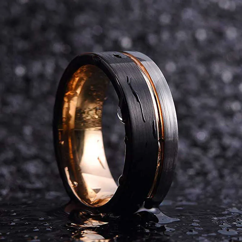 Tigrade Ring Men Tungsten Black Rose Gold Lineブラシをかけた6/8mmの結婚式のバンドの婚約メンズパーティージュエリーバギューHomme 210610