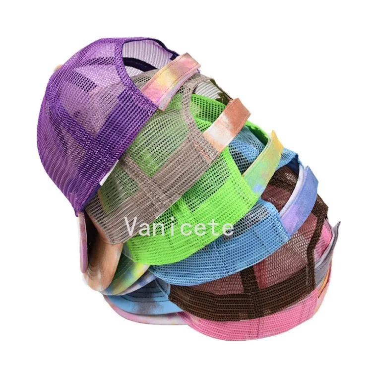 Party Supplies Tie-Dye Ponytail Hats Mesh Hollow Messy Bun Baseball Cap Trucker Hat Fast Send T2I52478