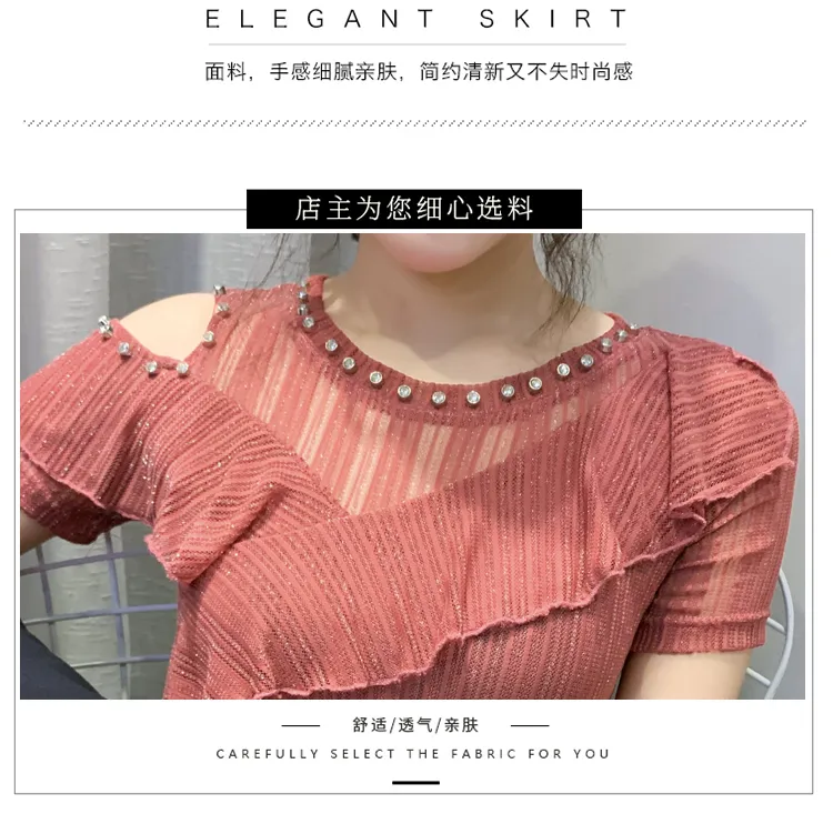 Summer Fashion Korean Clothes Tshirt Sexig Off Shoulder Ruffles Diamonds Women Tops Ropa Mujer Short Sleeve Tees New T03503 T200614