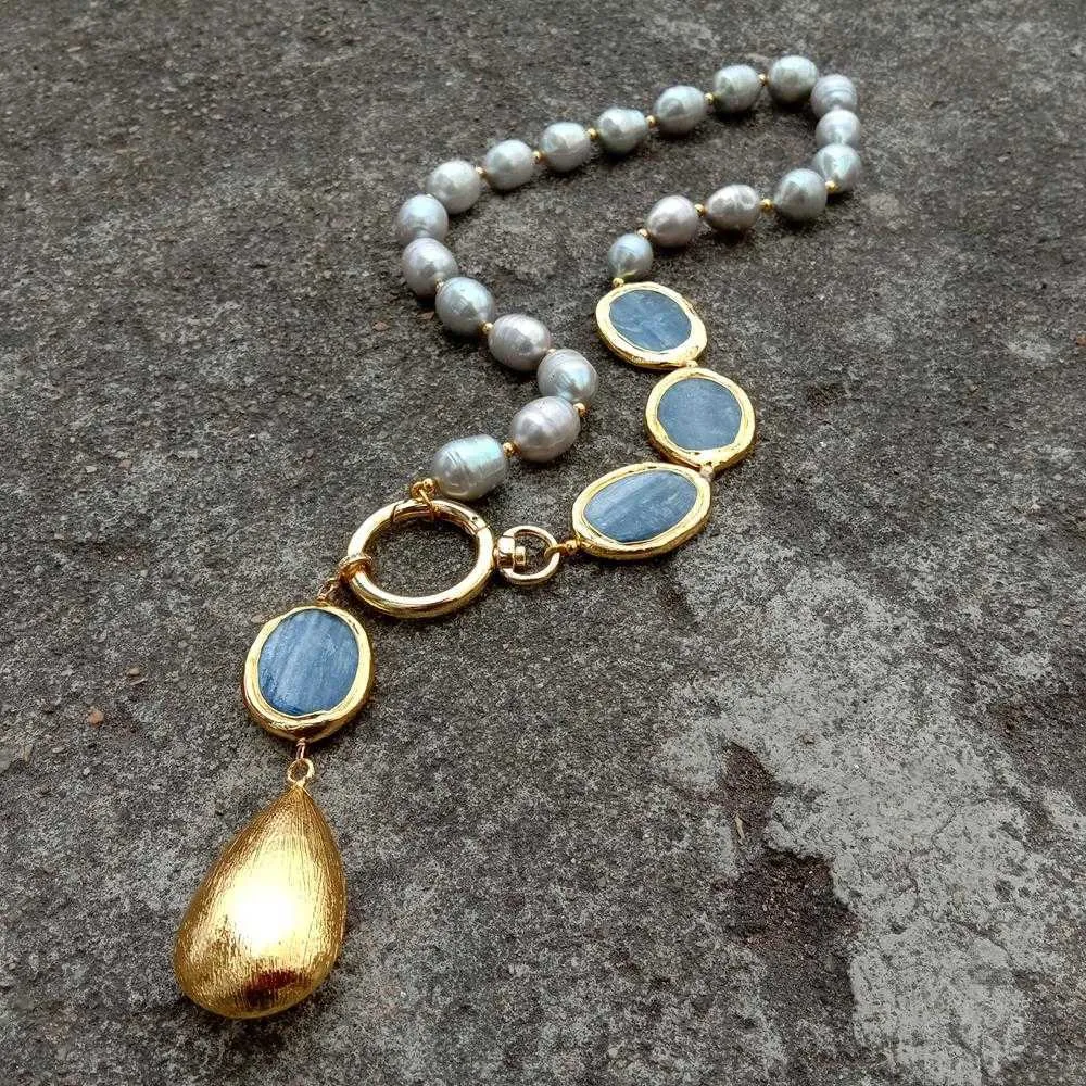 YﾷYING Naturelle d'eau Douce de Culture de Riz Gris Perle Ovale Bleu Kyanites Y Design Pendentif Collier 19