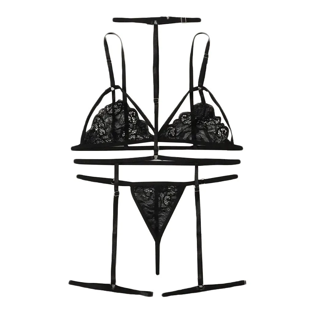 Micro Bikini Women Sexy Lingerie Set بالإضافة إلى حجم V Neck Bra Thong Garter Lingerie Set