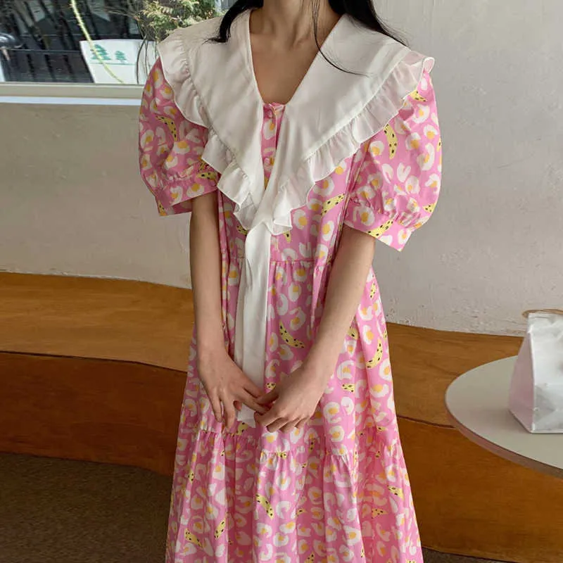 Korejpaa Frauen Kleid Sommer Koreanische Chic Westlichen Stil Revers Rüschen Nähte Flattern Breite Puff Sleeve Floral Vestidos 210526