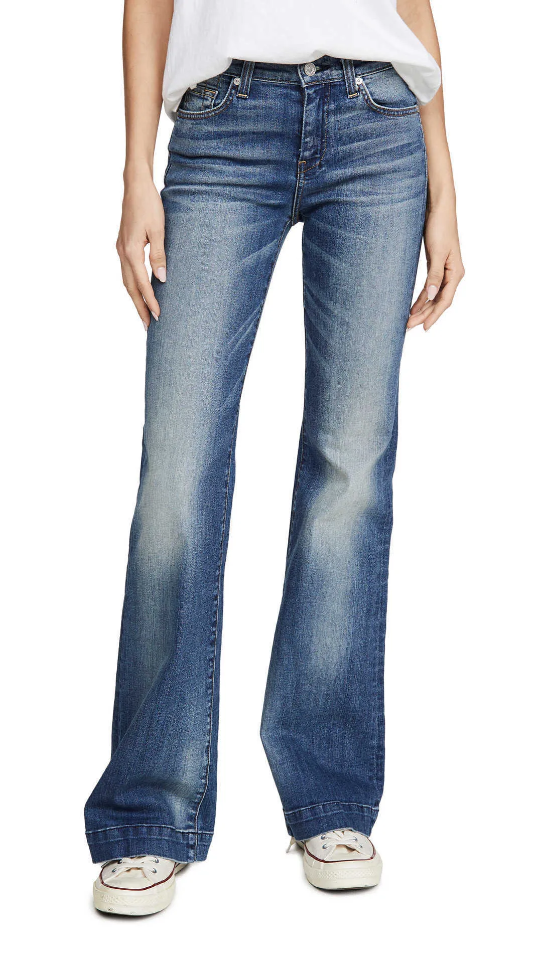 Jeans das mulheres 20 novos produtos no início do outono 7fam 7-shaped Calças de volta bolso de algodão elástico moído branco quadriciamento chifre denim calças mulheres