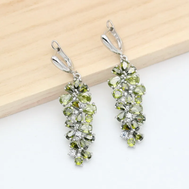 Green Peridot 925 Silver Jewelry Sets for Women Stones Earrings Necklace Pendant Ring Gift8481591