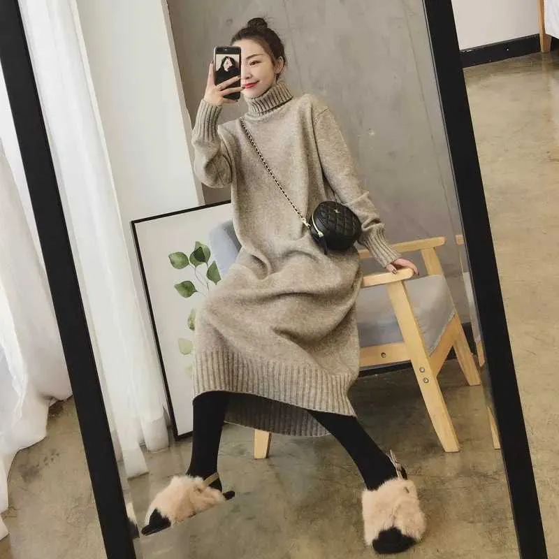 White Sweater Dress Women Knitted Turtleneck Solid Dress Autumn Winter Warm Knit Female Dress Loose Midi Vestidos Dresses Y1006