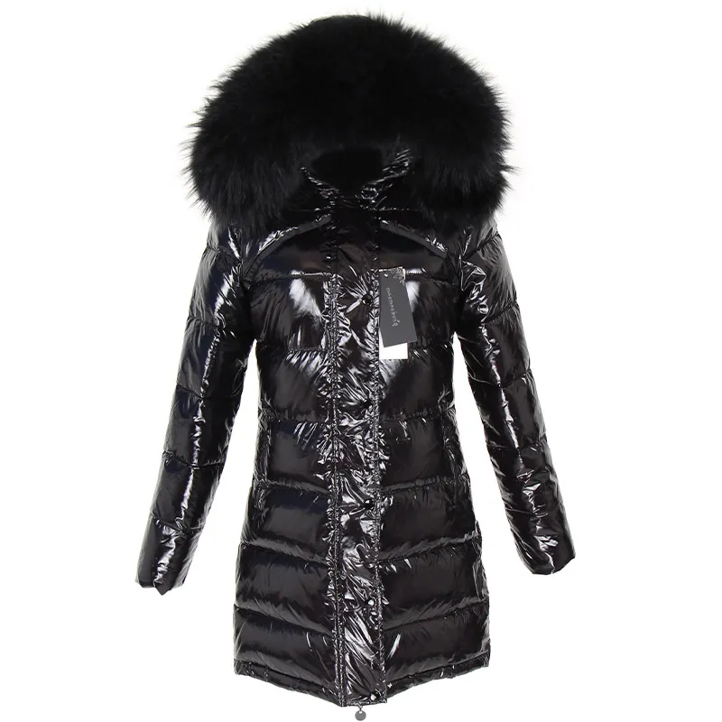 Maomaokong Winter Long White Duck Down Alling Raccoon Sur Collar Warm Black Shiny Shinetwear Jacket Ladies 201019