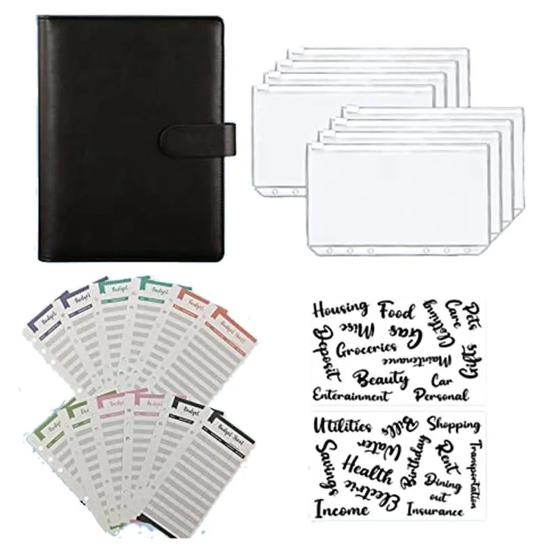 Cadeau Wrap A6 PU Cuir Notebook Binder Budget 6 Ring Cash Budget Enveloppes Système 12 pièces Feuilles de dépenses 226F