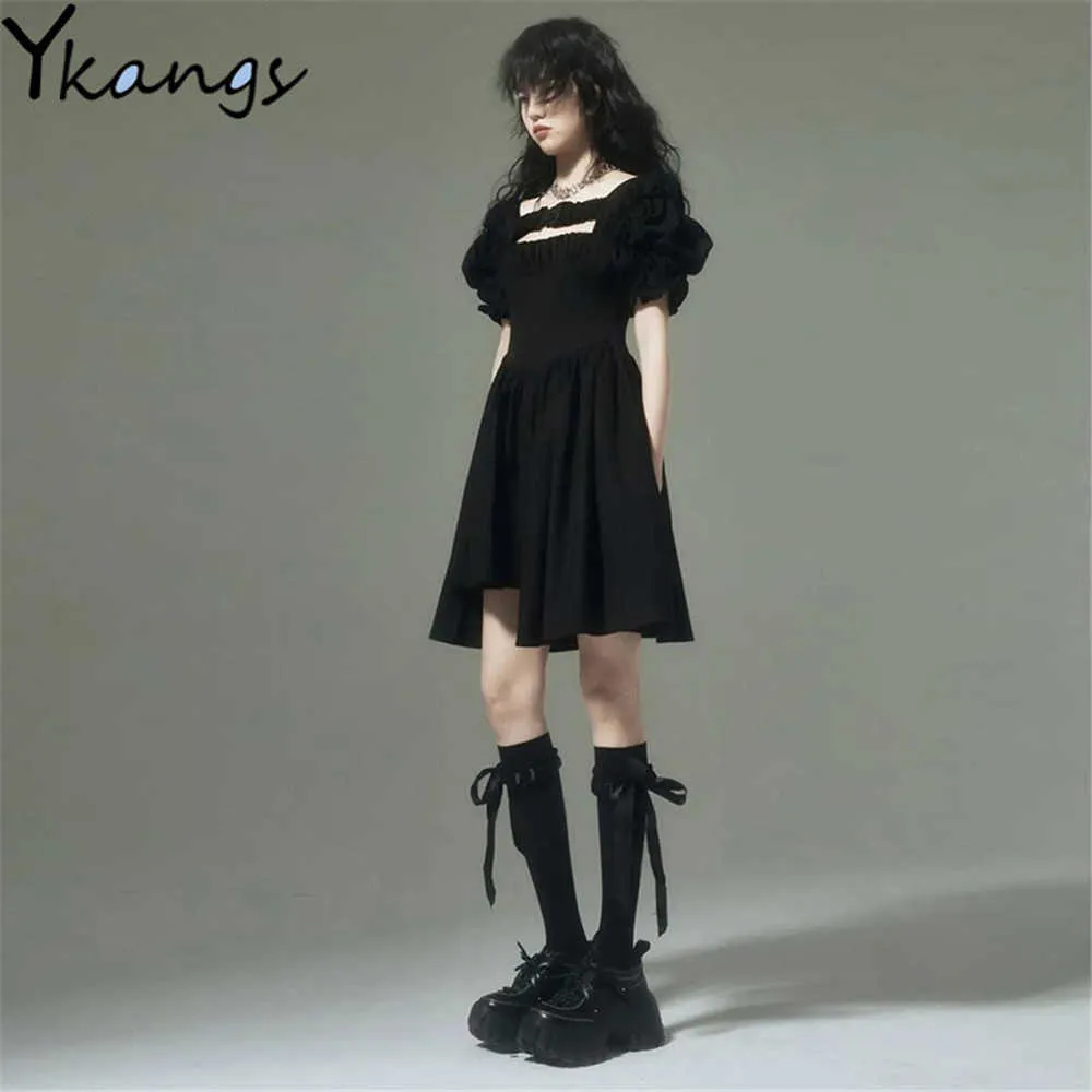 Gothic Bandage Unregelmäßige Kleid Frau Party Kleidung Schwarz Hip Hop Kleid Koreanische Stil Kawaii Lolita Puff Ärmeln Vestido Vintage 210619