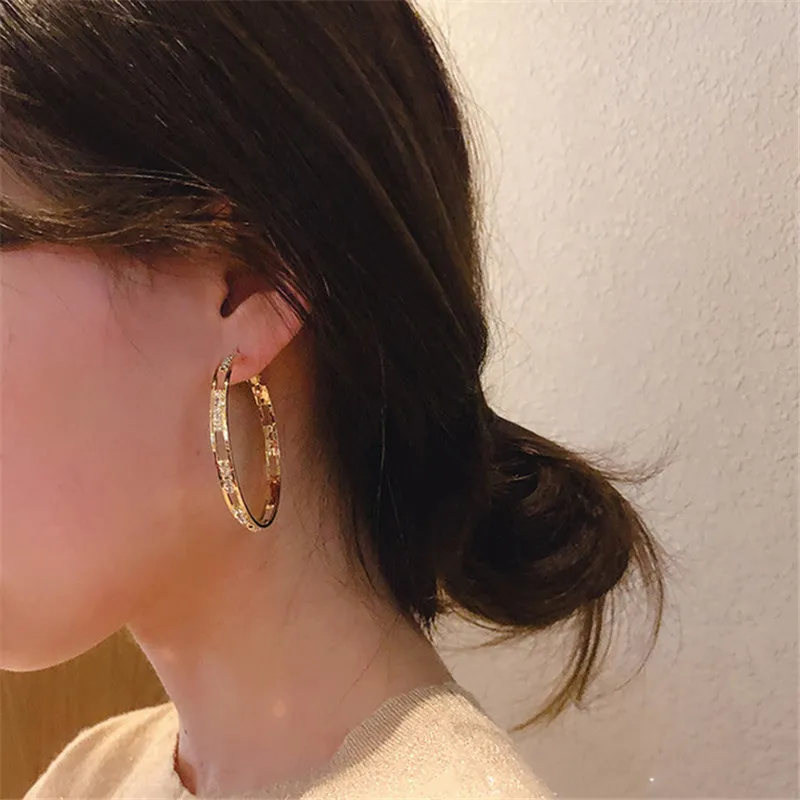 Boucles d'oreilles rondes en cristal doré pour femmes, Bijoux géométriques en strass, Bijoux de déclaration, cadeaux de fête 312D