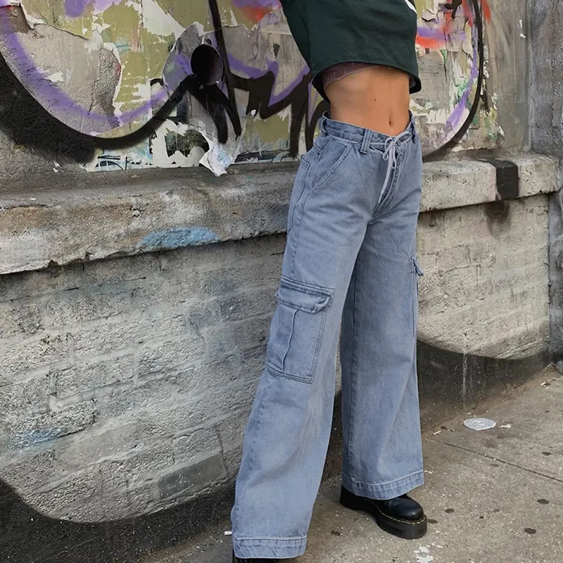 Desenhos de cintura alta bolsos jeans mulheres azul algodão cargo calças streetwear reta casual denim vestuário estilo de verão