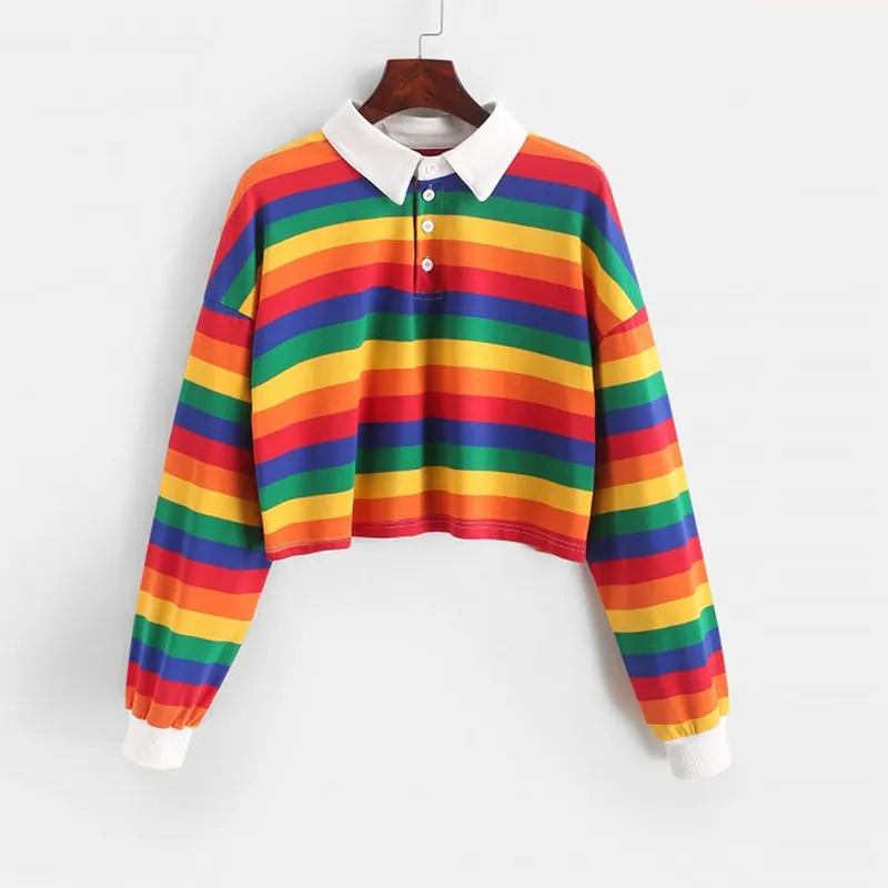 폴로 셔츠 여성 스웨터 긴 소매 레인보우 컬러 숙녀 후드가 버튼 줄무늬 한국어 스타일 스웨터