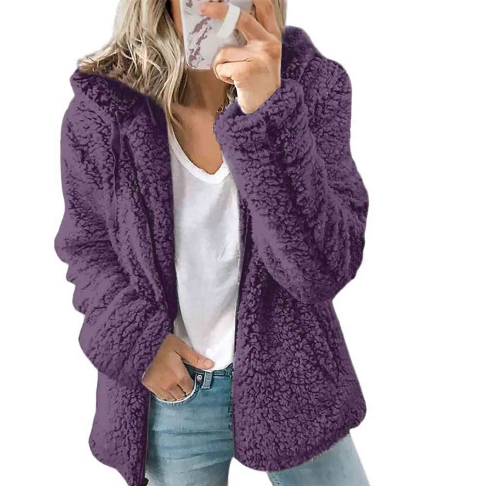 Vrouwen Herfst Winterjas Vrouwelijke Jas Causale Soft Hooded Fleece Pluche Warm Plus Size Faux Bont Fluffy Zipper Top 211110