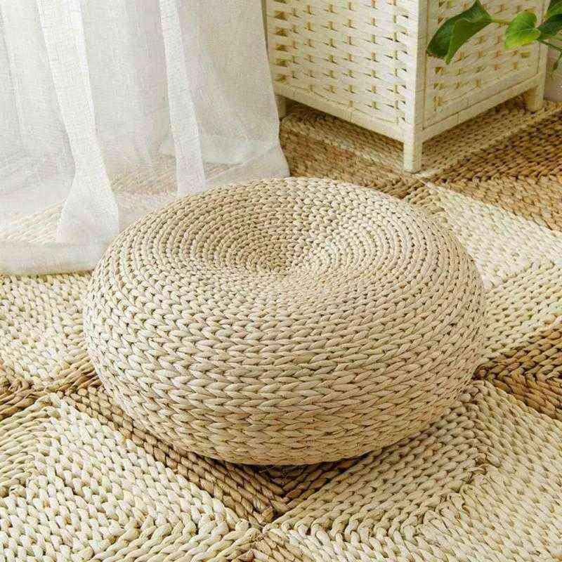 Tatami kudde naturliga halm rund puff hand vävd matta stol kudde japansk stil kudde för meditation yoga kudde golv kudde 220104