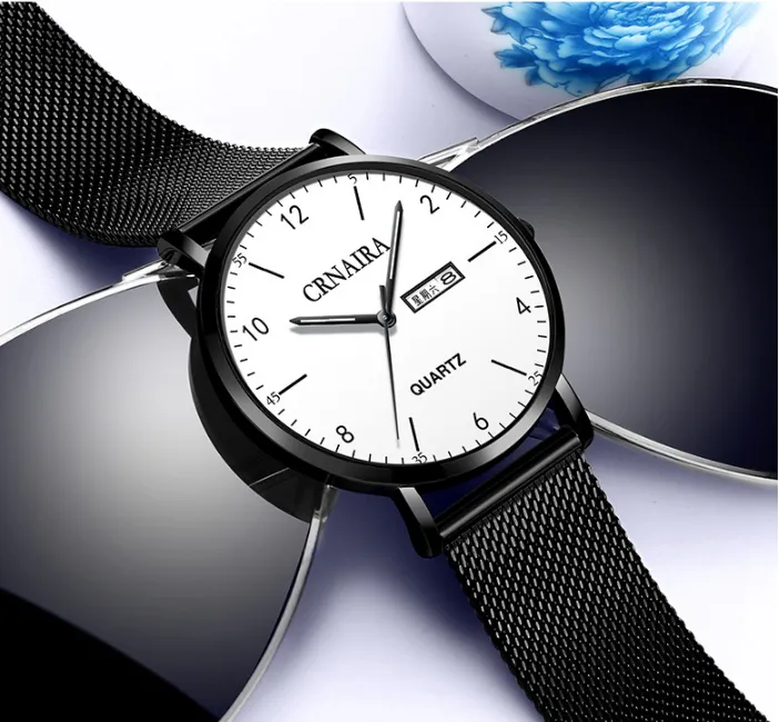 Crnaira preto malha de aço banda quartzo relógios masculinos calendário luminoso relógio grande três mãos lay out design casual negócios elegante m331q