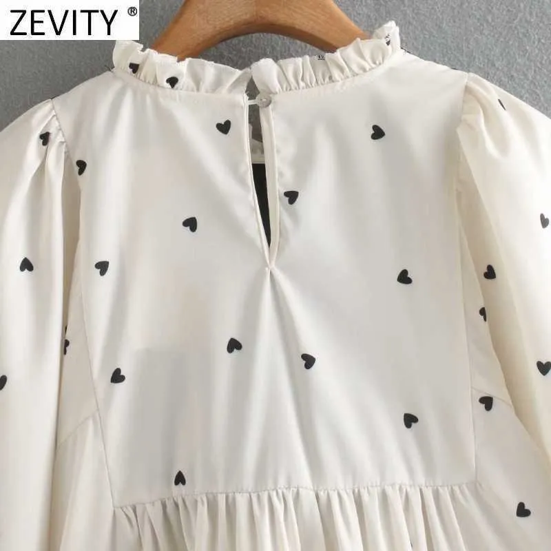 Zevity Donna Vintage Velluto nero Patchwork Volant Camicetta grembiule casual Office Lady Hearts Stampa Camicie Chic Blusas Top LS7431 210603