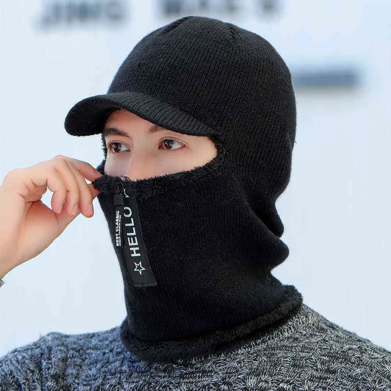 Wintermütze Herren Gestrickte Beanie Caps Pelz Gefüttert Warme Krempe Winter Hüte Für Männer Halten Gesicht Ohr Warme Balaclava Cap Skullies Y21111