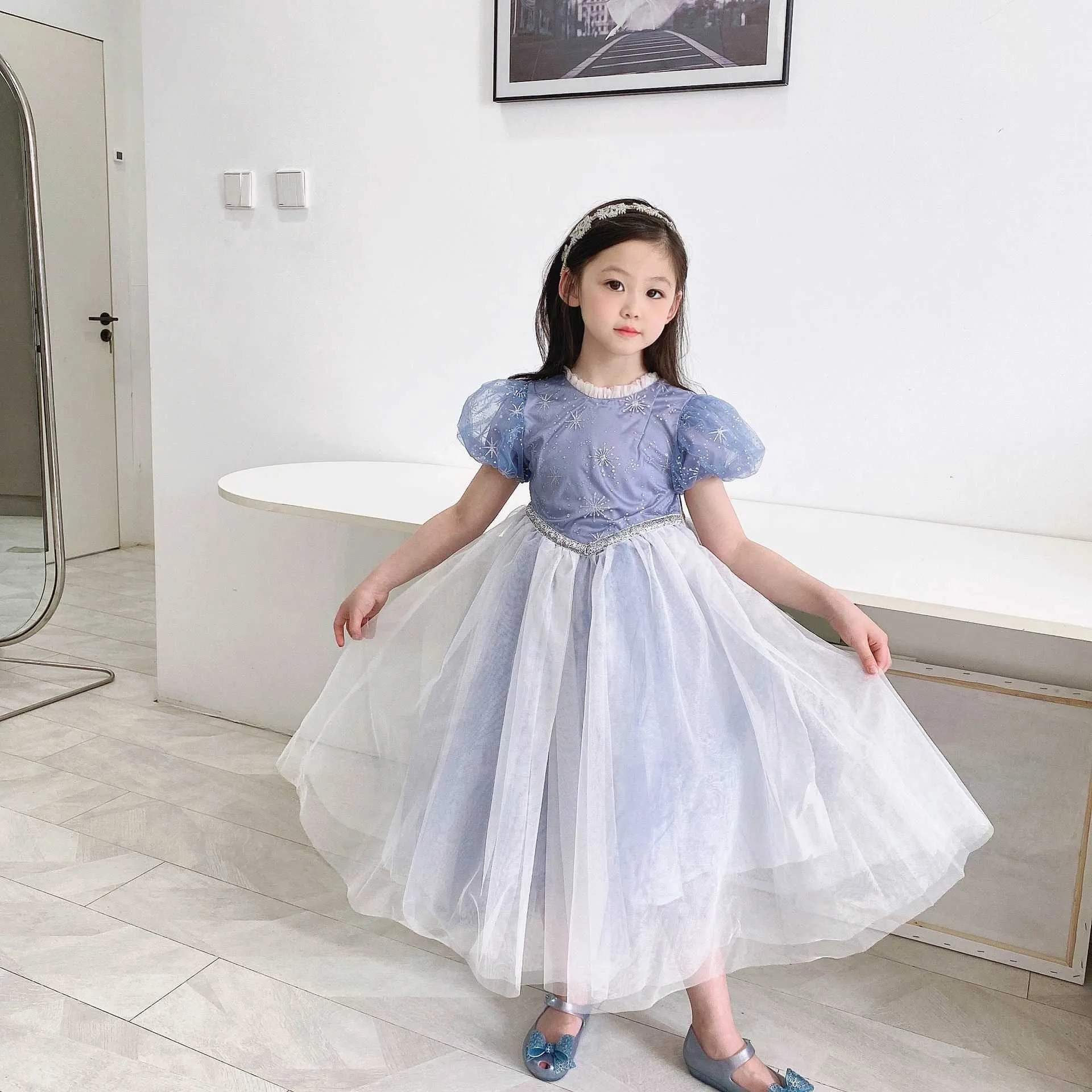 Princesse filles robe flocons de neige bleu glace Tulle avec des arcs beaux enfants Lolita robe de soirée Cltohing 210529