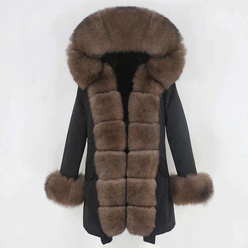 OFTBUY Mode Veste D'hiver Femmes Vrai Manteau De Fourrure Naturel Vrai Col De Fourrure Lâche Long Parkas Grande Fourrure Survêtement Détachable 211018