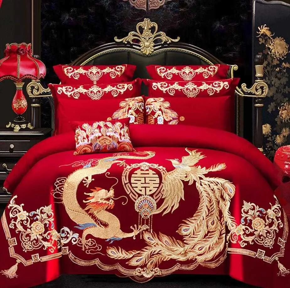 Luxo Loong Phoenix Bordado Vermelho Tampa de Tampa Red Folha de Cama Algodão Casamento de Casamento Chinês Casamento de Cama Conjunto Têxtil Home H6610236