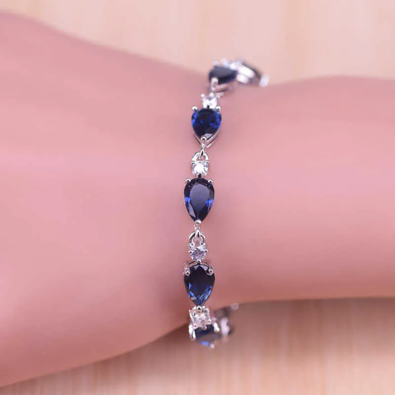 Grande goutte d'eau pierre bleue couleur argent bijoux pour femmes bijoux de mariée boucles d'oreilles anneau collier Bracelet ensemble en magasin H1022