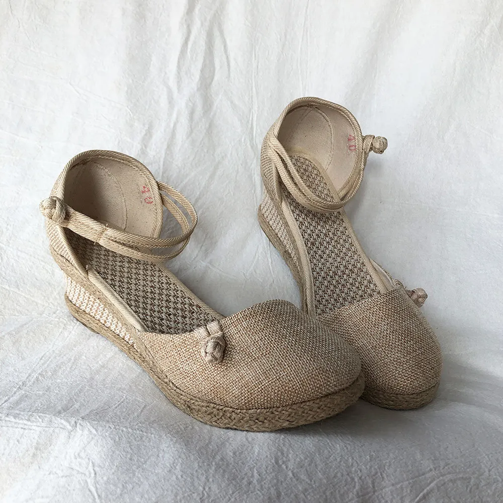 Veowalk Vintage femmes sandales décontracté toile de lin sandales compensées été bride à la cheville 6 cm Med talon plate-forme pompe espadrilles chaussures 210310
