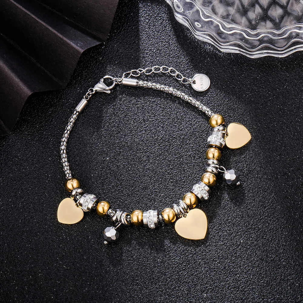 Aşk Charm Altın Bilezikler Moda Metal Boncuklu Kristal Paslanmaz Çelik Pulsera Kalp Bilezik Mücevherat Kadınlar Kızlar Hediyeler için Q0719