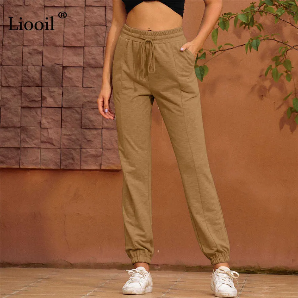 Liooil 2021 alta cintura sweatpants sweetpants sexy calça com bolsos streetwear cordão casual bolinhos soltos calças de suor feminino q0801