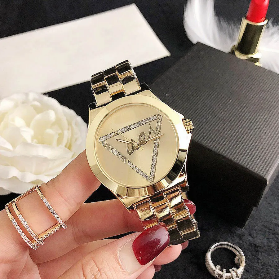 Marke Uhr Frauen Mädchen Kristall Dreieck Stil Metall Stahl Band Quarz Armbanduhren GS 37215G