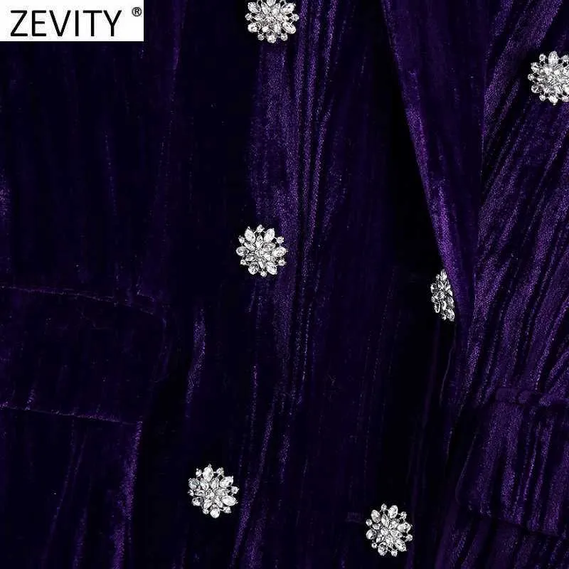 Zevity Women Vintage Notched Collar Diamond Double Breasted Velvet Mini Dress Femme Long Sleeve Chic Business Vestido DS4712 210603