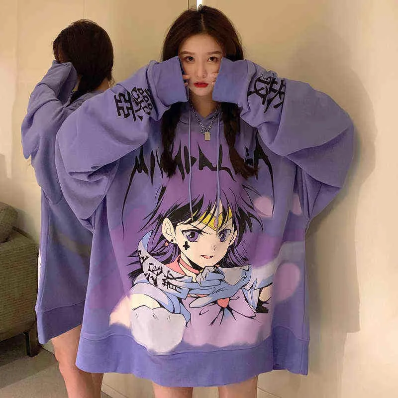2020 Winter Streetwear Japanische Niedliche Mädchen Cartoon Mit Kapuze Jacke Frauen Langarm Übergroßen Frauen Sweatshirt Top Y1118