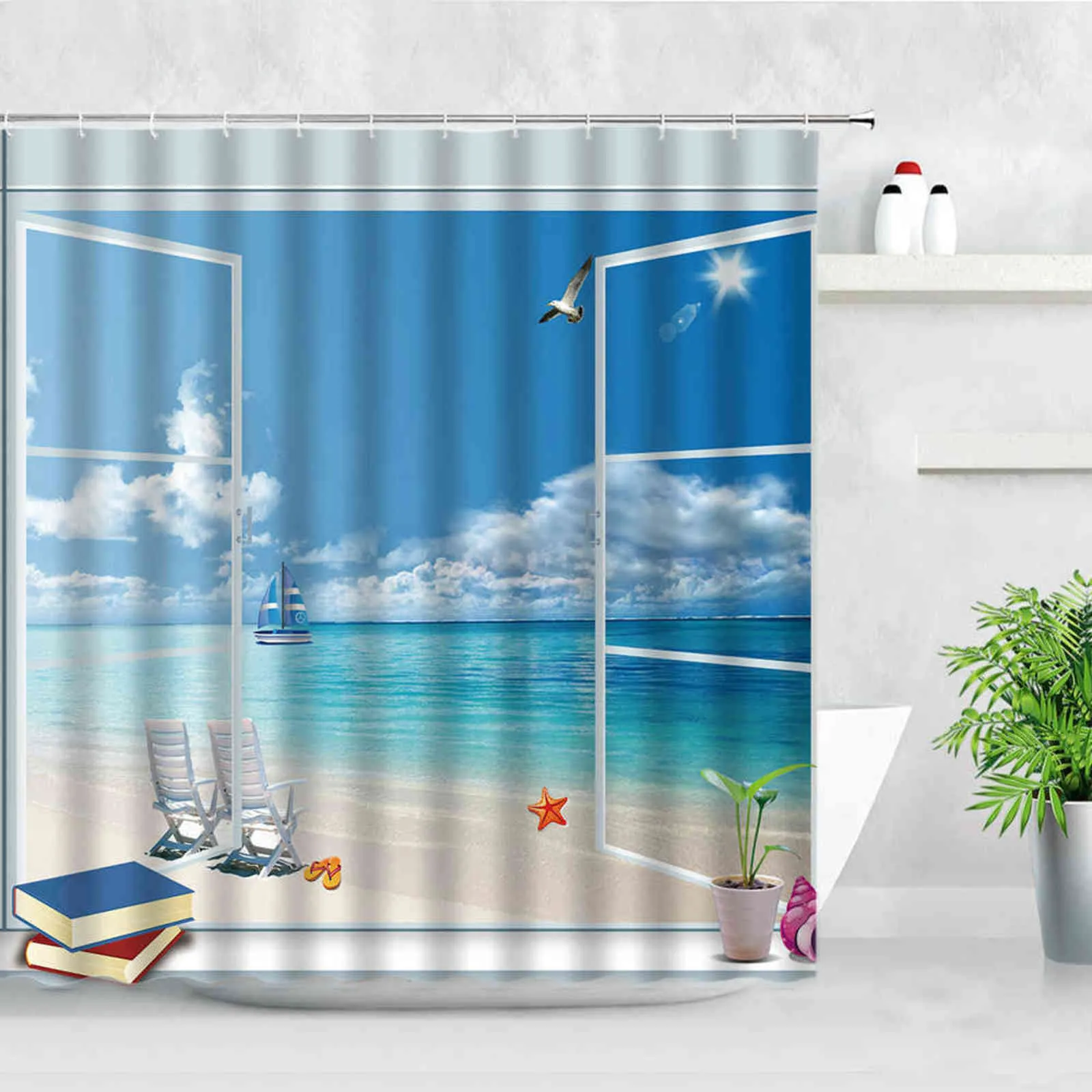 Tenda da doccia con paesaggio tropicale 3D Finestra aperta Ocean Beach Stella marina Conchiglia Palma Scenario Tende impermeabili arredamento bagno 211116