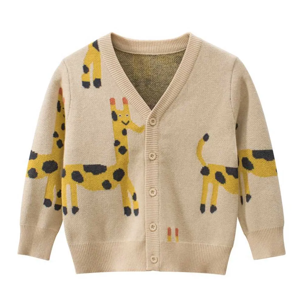 Höst Vinter Kids Cardigan Sweater Cartoon Leopard Print Sweater V-Neck Långärmad Knapp Down Stickad Cardigan Jacka 1-8Y Y1024