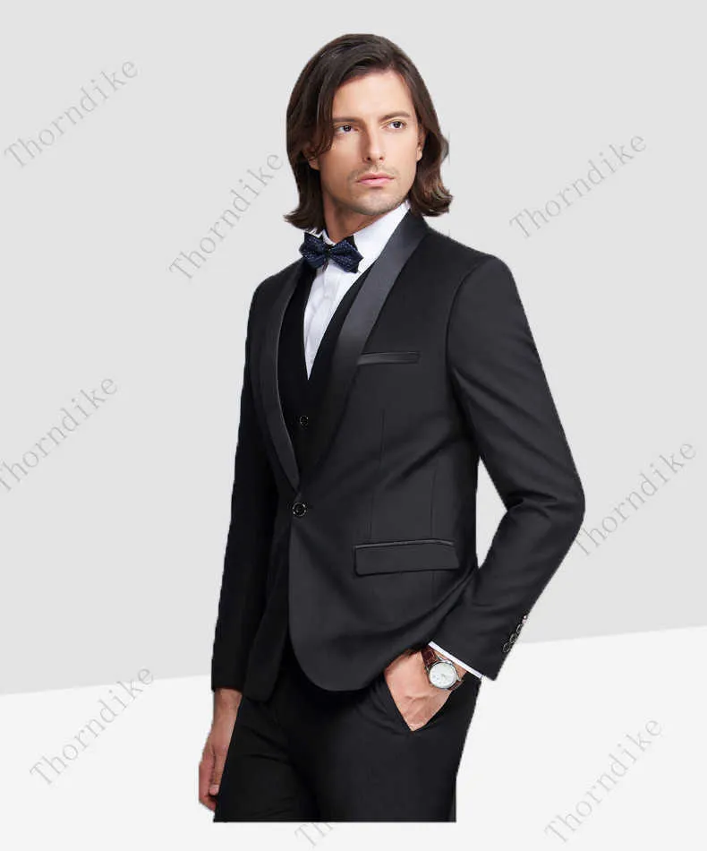Thorndike Men Suits Black Fit Casual Groomsmen Army Lapel Business Tuxedos for Formal WeddingBlazer+Pants+Vest X0909