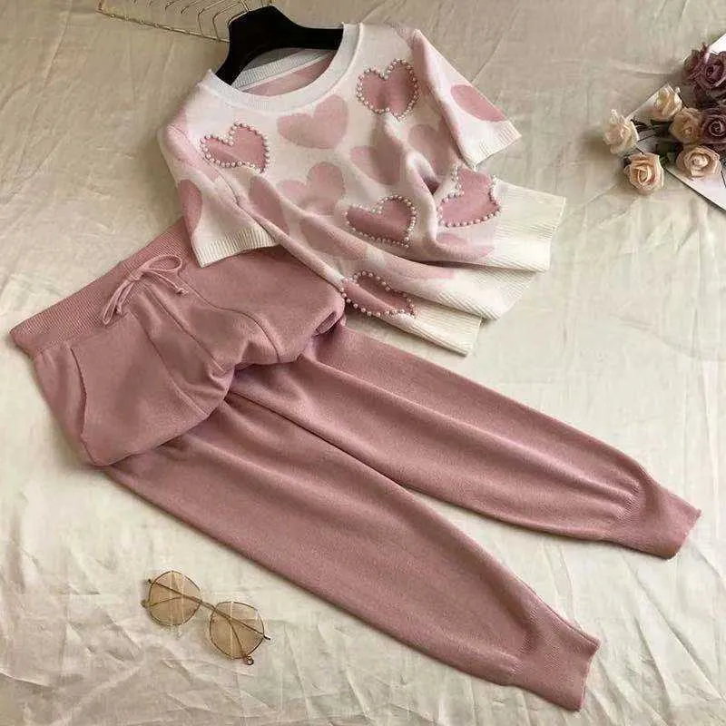 Koreaanse vrouwen gebreide outfits liefde hart korte mouw tops + lace-up taille enkel harem pocket broek 2 stuk sets pak 210529