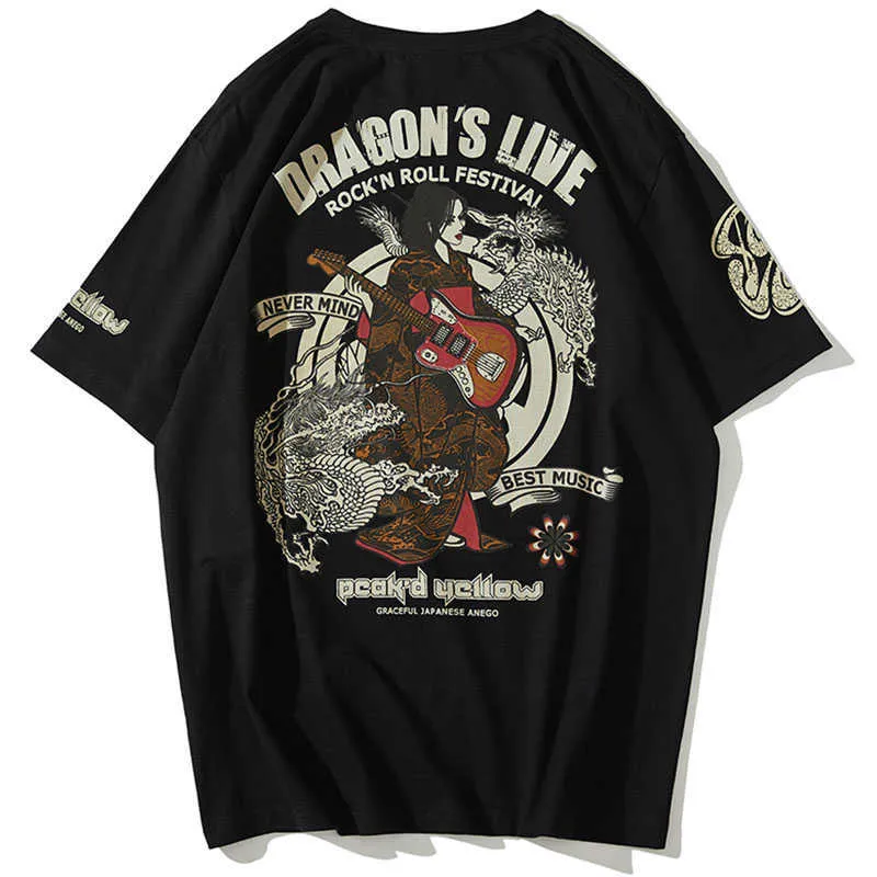 AOLAMEGS Men surdimension T-shirt japonais Geisha Dragon Print T-shirts Anime décontracté Tshirt Cotton Strewear Streetwear Men's Clothing 210629