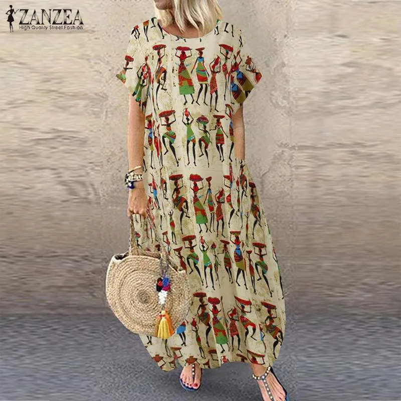 2021 Women Casual Cartoon Print Dress Summer Bohemian Sundress ZANZEA Fashion Short Sleeve Cotton Maxi Vestido Female Tunic Robe X0521