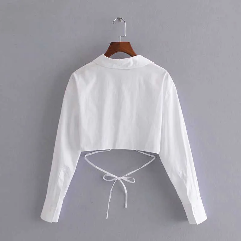 Za zomer witte wrap bijgesneden top vrouwen lange mouw geplooid vintage shirt vrouw mode zelf stropdas zoom short shirts 210602