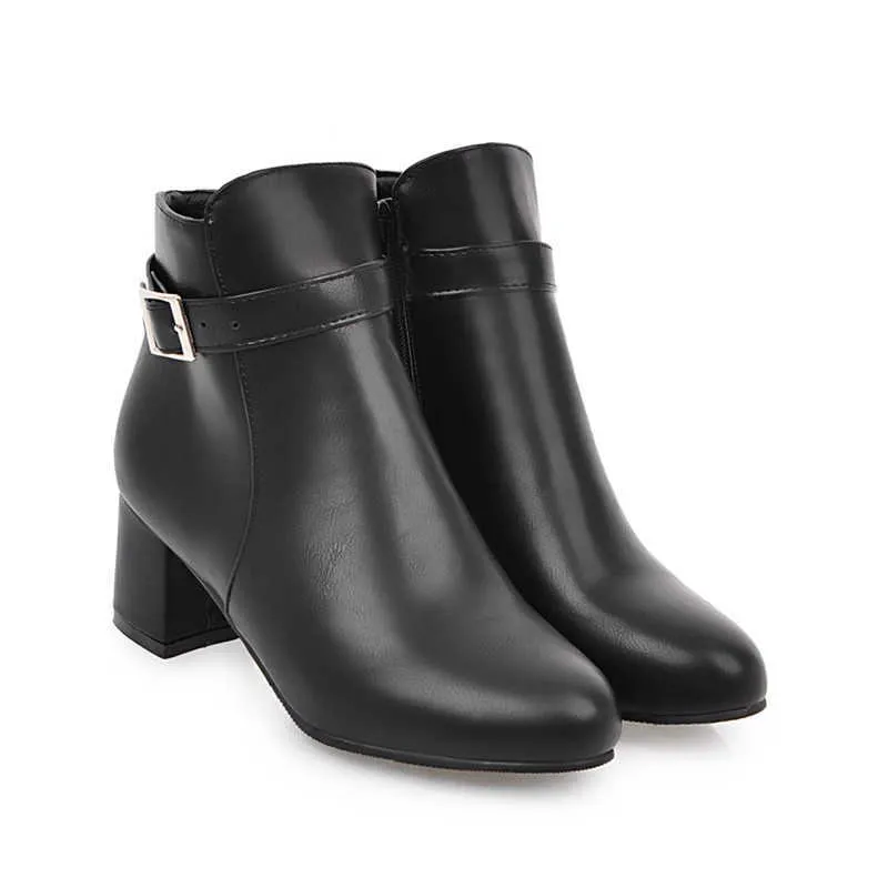 YQBTDL秋冬ブロック分厚いハイヒールのアンクルブーツのための黒茶色の白いバックル女性ブーティオフィスの女性の靴43 Y0914