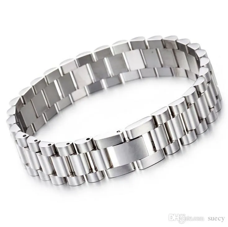 Hot Fashion 15mm Luxury Mens Womens Watch Band Bracelet Hiphop Gold Silver Stainless Steel Watchband Strap Cuff Bangles Jewelry