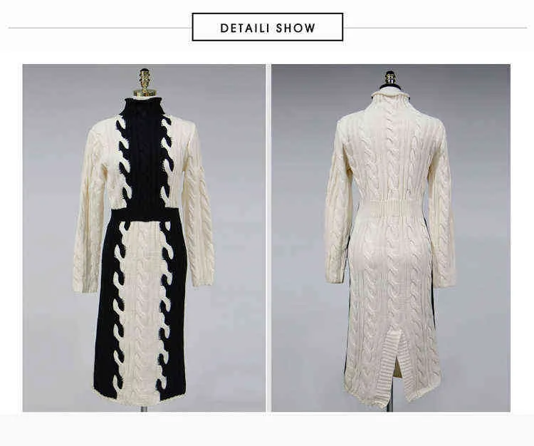 Nuevo vestido de otoño invierno moda mujer vestido de algodón grueso de punto de manga larga cuello alto suéteres cálidos vestidos para damas Y1204