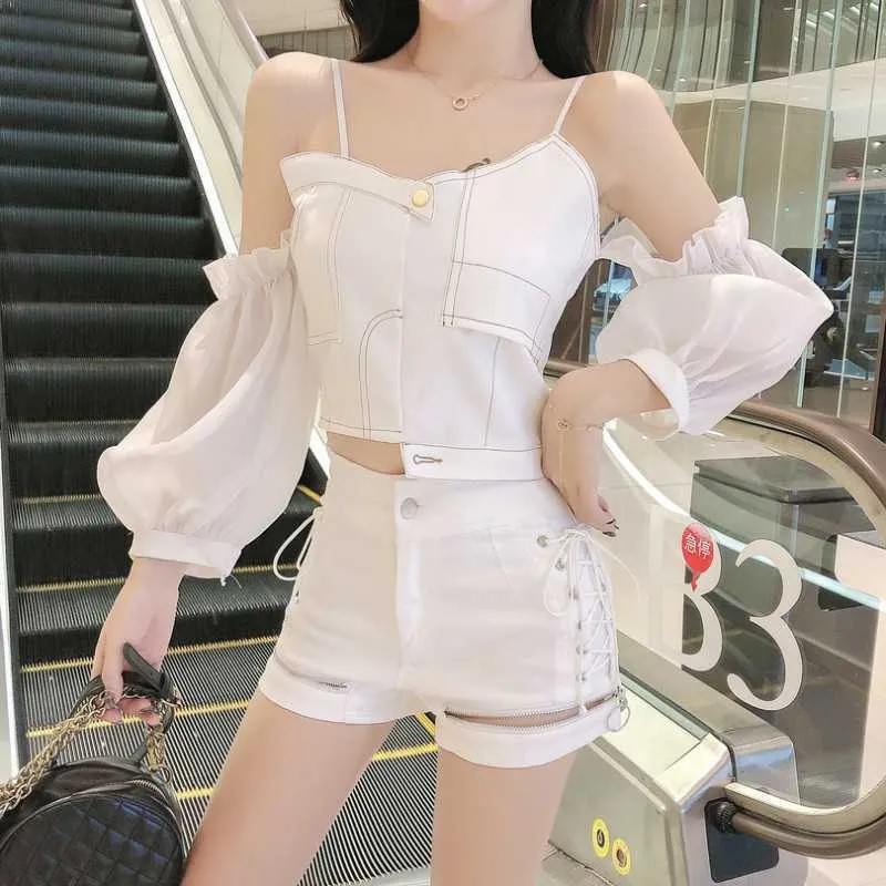 Sommer Sexy Off-the-Schulter Lange Puff Sleeve Unregelmäßigkeit Bluse + Hohe Taille Bodycon Zipper Bandage Shorts Sets 210531