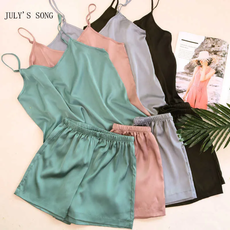 JULY'S SONG Faux Slik Pyjamas Femmes D'été Sexy Vêtements De Nuit Solide Couleur Homewear Lounge Wear Sexy Sling Strap Pyjama Ensemble De Nuit Q0706