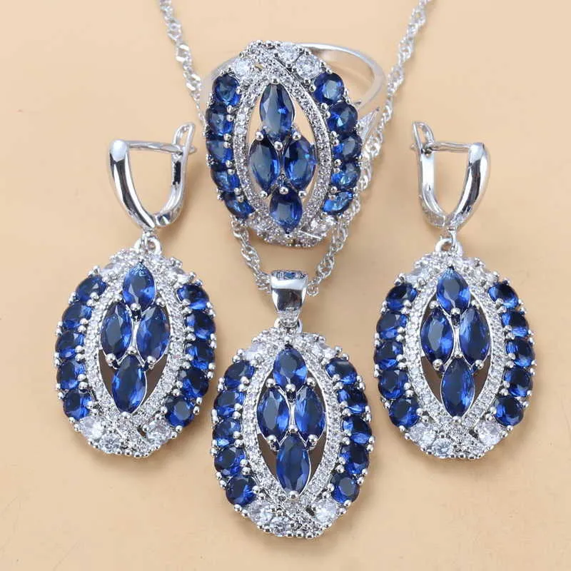 Conjuntos de joyería grande para boda, accesorios de moda para mujer, collar y pendientes de circón azul, conjuntos de anillos, joyería de es H1022