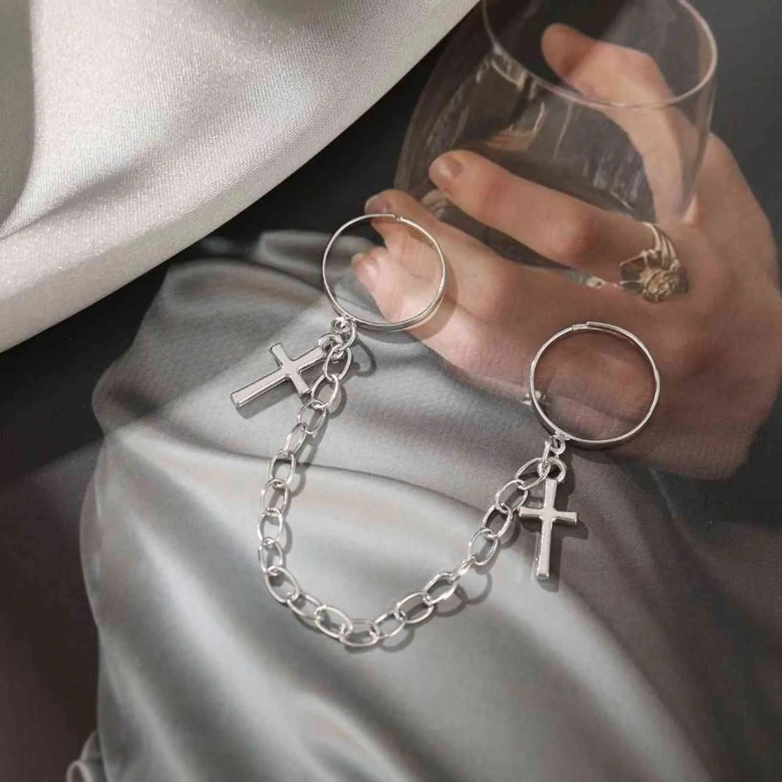 Bar Cross Combination Ring Punk Hip Hop Ring Two-Finger Conjoined Chain Open Ring Fashion Trend Party Popular Creative Jewelry G1125