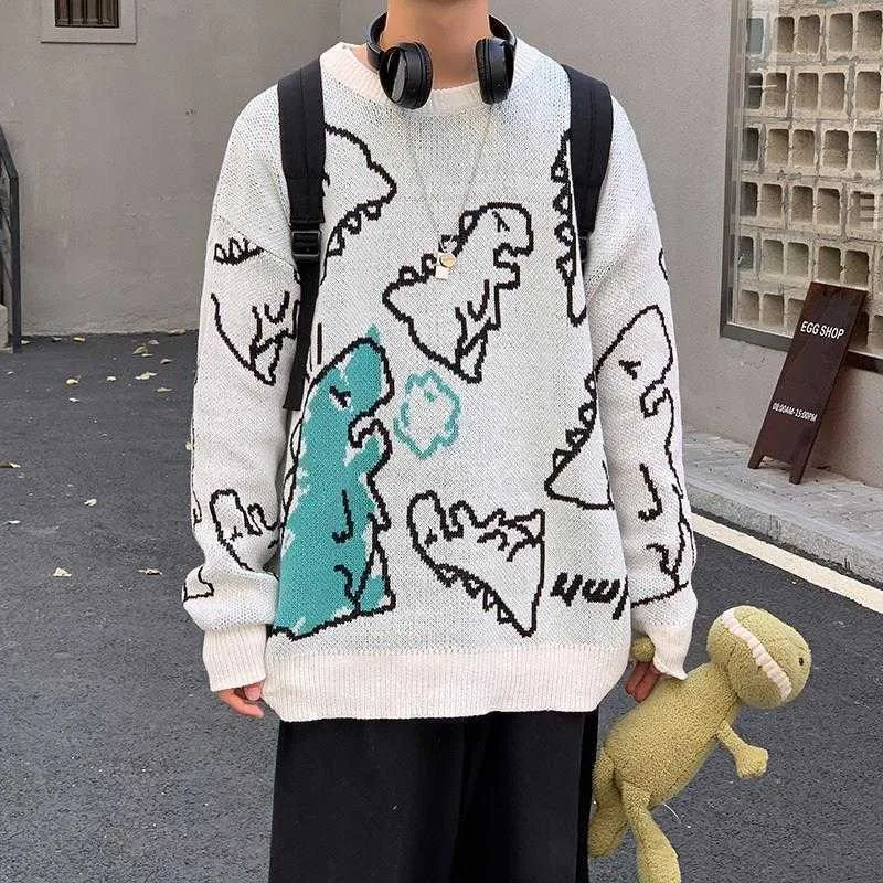 Printemps et automne Modèle de dessin animé de dinosaure Pull tricoté Couleur japonaise Couple Lâche Pull à col rond Hommes Vêtements 210809