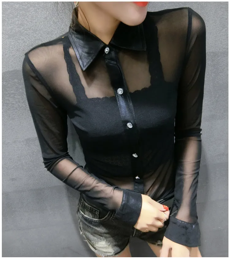 Mesh Transparent Blouse shirt Cardigan Long Sleeve Slim Womens Tops Nightclub See Through Women Top Sexy women Shirt 196C3 210308